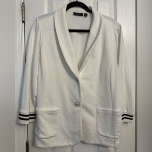 Susan Graver White Blazer with Black Striped Cuffs